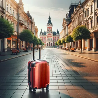 Красный туристический чемодан на колесиках стоит на старинной улице Зренянина, окруженной историческими зданиями. На фоне видна ратуша и чуть дальше церковь. Солнечный день, легкий ветерок двигает листья деревьев. Тротуары чистые, практически без людей, создавая чувство покоя и умиротворенности. Чемодан находится в центре кадра, символизируя путешественника, прибывшего в этот прекрасный город.