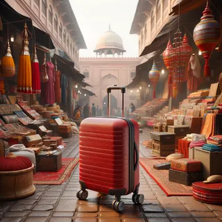 Гиперреалистичный красный чемодан на колесиках, стоящий среди традиционных индийских ремесел и товаров на базаре в Старом Дели, без людей