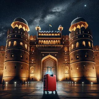 Монументальный форт на фоне звездного неба, укрепленные массивные стены, величественные ворота, подсвеченные прожекторами, красный туристический чемодан на колесиках, стоящий перед фортификацией