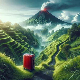Кинематографический пейзаж вулкана с красным туристическим чемоданом на колёсиках среди зелёных склонов и дорожек