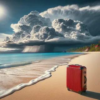 Филиппины, пляж, океан с волнами, на заднем плане грозовые тучи, красный туристический чемодан на песке