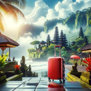 Изображение (не иллюстрация) только в очень реалистичном кинематографическом стиле. На изображении должен присутстовать красный туристический чемодан на колесиках. На изображении не должно быть людей.. Тема изображения: Бали без мифов: Реальные истории и секреты от местных жителей