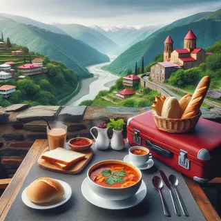 Вид на грузинский ресторанный стол с горячим супом, хлеб и красный чемодан на колесиках