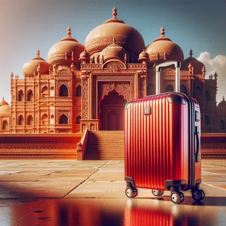 Очень детальное изображение красного туристического чемодана на колесиках с элементами древней индийской архитектуры в фоновом плане