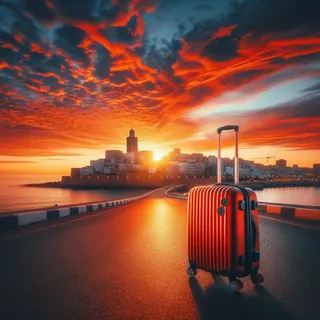 Очень реалистичное изображение красивого заката над Рабатом, на фоне видны здания города, а рядом на асфальте прислонен красный туристический чемодан на колесиках