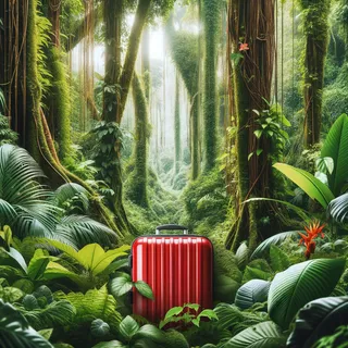 Изображение густого тропического леса с красным туристическим чемоданом