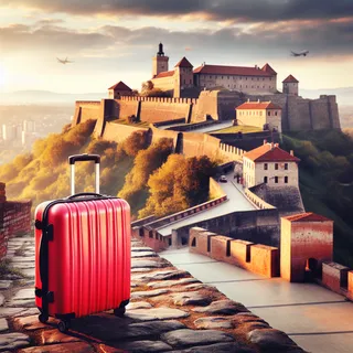 Петроварадинская крепость, исторические стены, мощные крепостные сооружения, расположенные на холме, на переднем плане красный чемодан