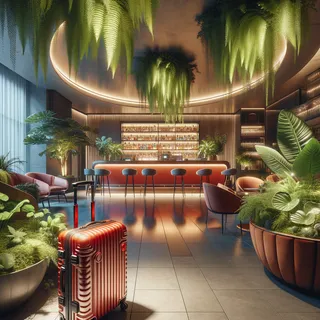 Роскошный интерьер современного бара, окруженный зелеными растениями и мягким светом, с большим красным туристическим чемоданом на колесах на переднем плане