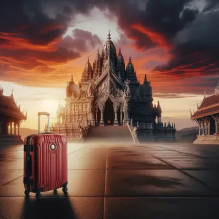 Кинематографическое изображение величественного Храма Истины на фоне заката, с красным туристическим чемоданом на переднем плане