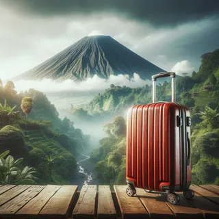 Красный туристический чемодан на колесиках на фоне вулкана и зелёной природы, реалистичный кинематографический стиль