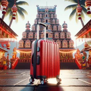 Красный туристический чемодан на колесиках, стоящий на фоне традиционных индийских храмов и праздничных украшений Онам, снято в кинематографическом гиперреалистичном стиле, без людей