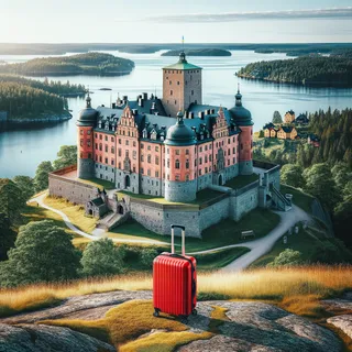 Современный вид старинного шведского замка на холме, окружённого живописными пейзажами, тем временем стоит красный туристический чемодан у входа