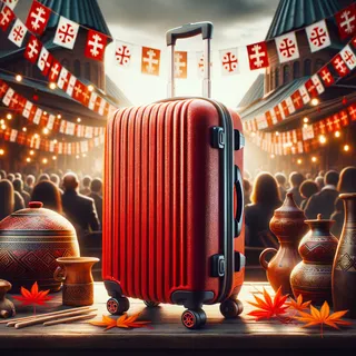 Изображение (не иллюстрация) только в очень реалистичном кинематографическом стиле. На изображении должен присутстовать красный туристический чемодан на колесиках. На изображении не должно быть людей.. Тема изображения: Душа Грузии: национальные праздники и традиции