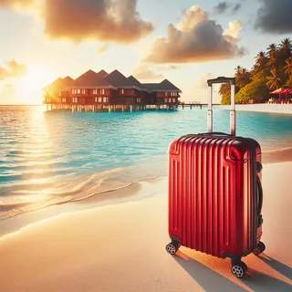 Семейный красный чемодан на колесах на фоне пляжа около отеля на Мальдивах