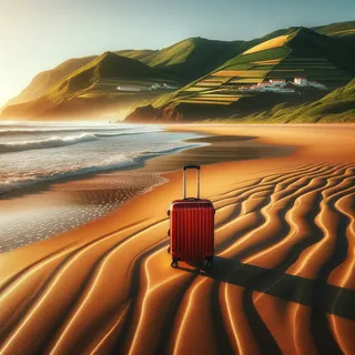 Золотой пляж в Португалии с зелеными холмами вдали и красным туристическим чемоданом на колесиках на переднем плане