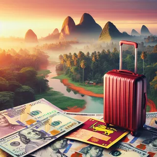 Изображение банкнот: доллары США и ланкийские рупии на фоне пейзажа Шри-Ланки. Красный туристический чемодан около банкнот.