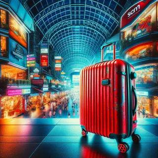 Фотография красного туристического чемодана на фоне яркого торгового центра в Паттайе, Таиланд
