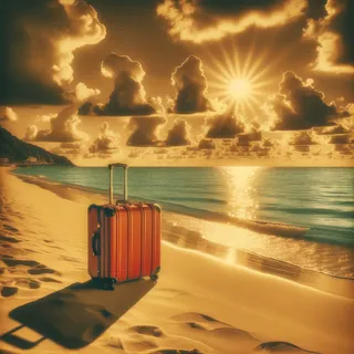 Пляж на закате с красным туристическим чемоданом на колесиках в стиле кинематографа