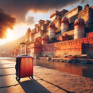 На фоне древних крепостных стен Харидвара стоит красный туристический чемодан на колесиках, подсвеченный золотыми лучами заката.