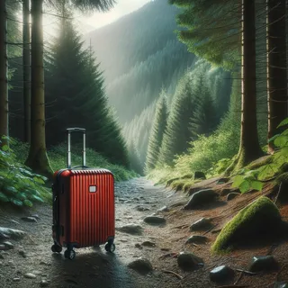 Реалистичное изображение кинематографического стиля: на горной тропе среди лесного пейзажа стоит красный туристический чемодан на колесиках