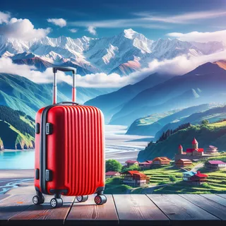 Яркий красный чемодан на колесиках стоит на фоне разнообразного грузинского ландшафта, от заснеженных гор до кристально чистого моря