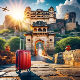 Красивый вид на форт Читторгарх в Индии под голубым небом, окруженный зелеными холмами и солнцем, в центре красный туристический чемодан на колесиках у массивных каменных ворот