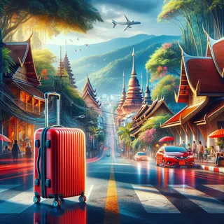 Фотография красного туристического чемодана на колесиках на фоне динамичной городской улицы с храмами и природными видами Чиангмая