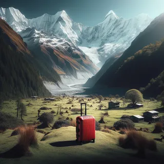 Заснеженные гималаи на фоне, зеленая долина, посреди которой стоит красный туристический чемодан на колесиках, кинематографический стиль, без людей