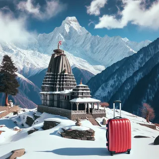 На фоне заснеженных гималайских пейзажей стоит храм Сурканда Деви – древнее святилище с уносящейся в небо вершиной, а у подножия стоит красный туристический чемодан, символизирующий начало духовного пути