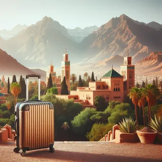 Туристический чемодан, стоящий среди экзотического пейзажа Марокко с величественными минаретами и горными хребтами на заднем плане
