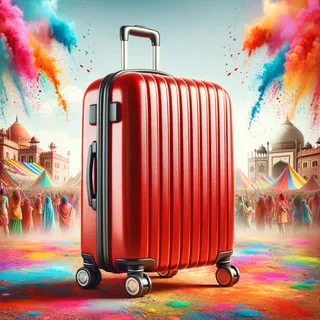 Реалистичное изображение красного туристического чемодана на колесиках на фоне цветного фестиваля Холи в Индии