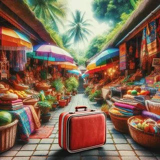 Фото настоящего балийского рынка с яркими товарами и красным чемоданом на тропическом фоне