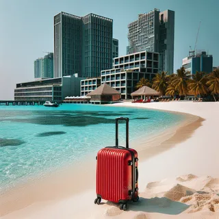 городской пляж острова Хулхумале, с белым песком, лазурной водой, современными зданиями на заднем плане, красный туристический чемодан на колесиках