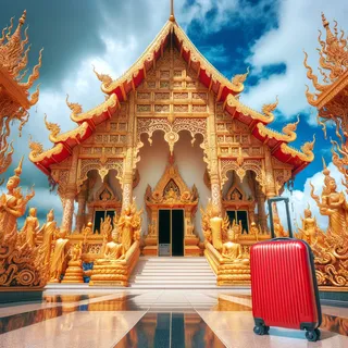 Роскошный храм с золотыми украшениями и статуями Будды на фоне яркого голубого неба, рядом аккуратно стоит красный туристический чемодан на колесиках