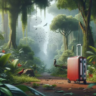 Реалистичное кинематографическое изображение красного туристического чемодана на колесиках на фоне густой зелени тропического леса с птицами в заповеднике в Гоа