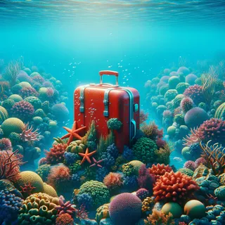 Изображение тихих подводных рифов с красочными кораллами и красным туристическим чемоданом на колесиках