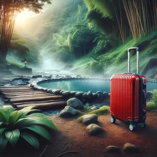 Очень реалистичное изображение красного туристического чемодана на колесиках, стоящего у горячих источников в природном парке, окруженном зеленью и бамбуковыми зарослями, кинематографический стиль