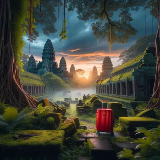 Атмосфера древнего храма под рассветным небом с красным туристическим чемоданом на колесиках среди пышной зелени