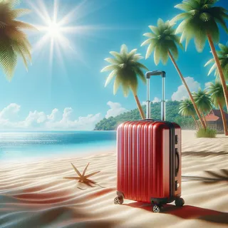 Реалистичное изображение красного туристического чемодана на колесиках на песчаном пляже с пальмами в яркий солнечный день