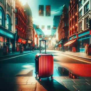 Фотография красного туристического чемодана на колесиках на фоне центральной туристической улицы с магазинами и кафе, в ярком солнечном свете и с насыщенными цветами, без людей, в очень реалистичном кинематографическом стиле