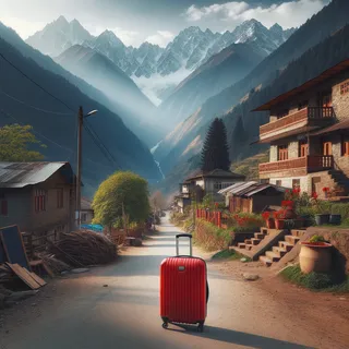 На фоне величественных гор стоит красный туристический чемодан на колесиках, красный чемодан на тихой улице горной деревни Индии, яркий контраст
