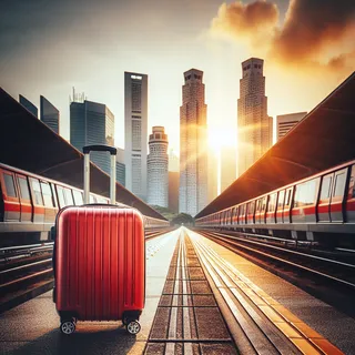 Красный туристический чемодан на фоне сингапурского метро