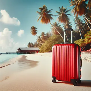Красный туристический чемодан на фоне пляжа с белым песком и пальмами
