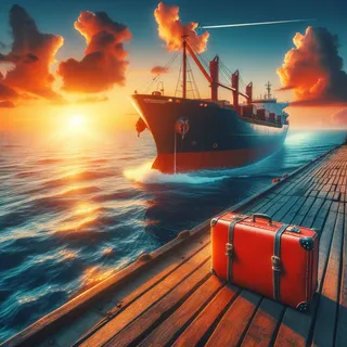 Корабль в океане на фоне заката с красным туристическим чемоданом на палубе