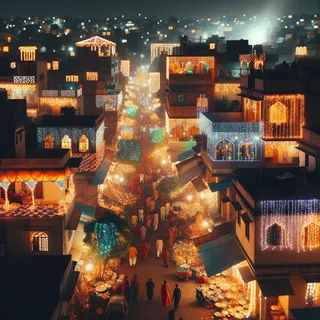 Фестиваль огней в Индии, дома украшены огоньками и гирляндами, темная ночь