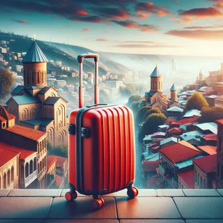 Изображение (не иллюстрация) только в очень реалистичном кинематографическом стиле. На изображении должен присутстовать красный туристический чемодан на колесиках. На изображении не должно быть людей.. Тема изображения: В Тбилиси на пару дней, что посмотреть