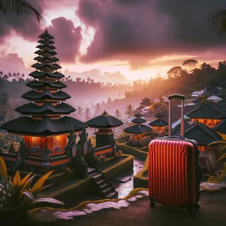 Кинематографический снимок балийской деревни, залитой закатом, на первом плане ярко-красный туристический чемодан на фоне храма