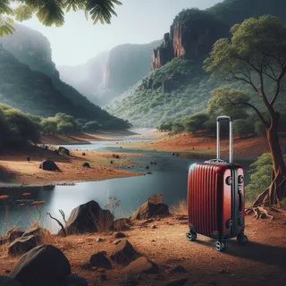 Изображение (не иллюстрация) только в очень реалистичном кинематографическом стиле. На изображении должен присутстовать красный туристический чемодан на колесиках. На изображении не должно быть людей.. Тема изображения: Национальный парк Рантамбор, Индия