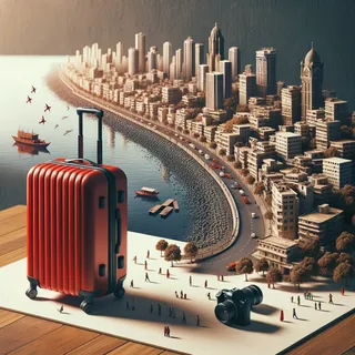 Изображение (не иллюстрация) только в очень реалистичном кинематографическом стиле. На изображении должен присутстовать красный туристический чемодан на колесиках. На изображении не должно быть людей.. Тема изображения: Обзор Мумбаи: Прачечные Доби Гхат, Набережная Марина Драйв и другие знаковые места