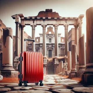 Изображение древних руин в Италии с красным туристическим чемоданом на переднем плане, в реалистичном кинематографическом стиле